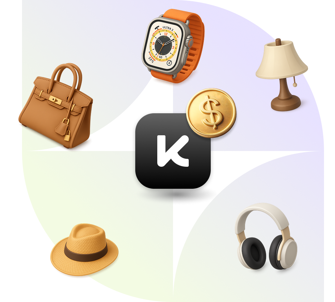 Black square icon with white 'k' surrounded by icons of a wristwatch with orange strap, gold coin with dollar sign, beige table lamp, beige and black headphones, brown handbag, and beige fedora hat with brown band on a segmented purple and pale green background.