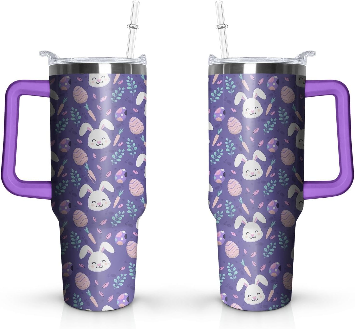Two tall stainless steel insulated tumblers with clear lids and straws, decorated with a purple background featuring cute white bunny faces, carrots, Easter eggs, and green leaves, and equipped with purple handles.