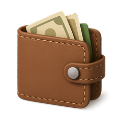 Brown leather wallet with stitching detail, partially open with visible paper currency inside