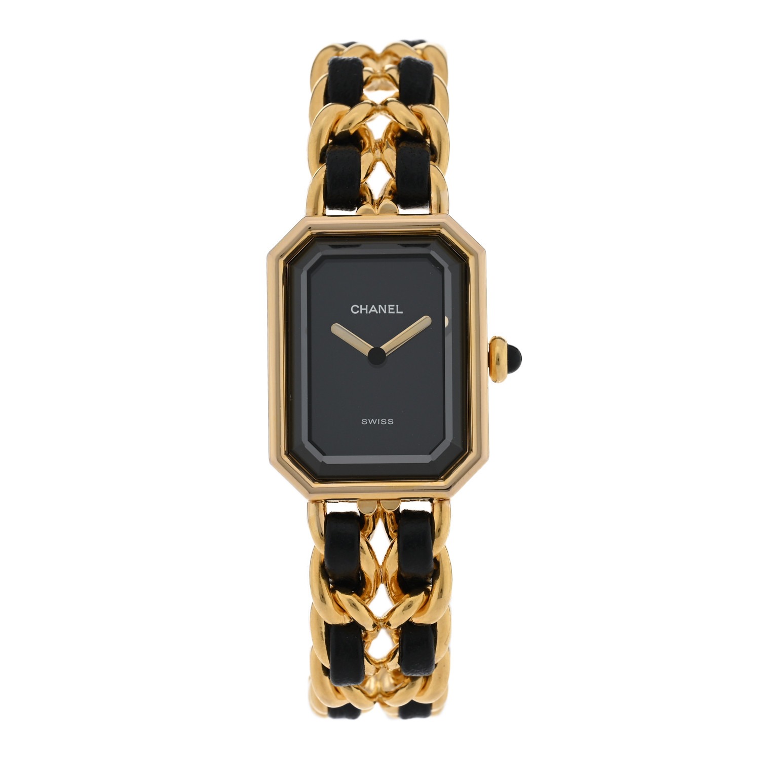 Chanel wristwatch with an octagonal black face, gold frame, and gold and black linked chain bracelet.