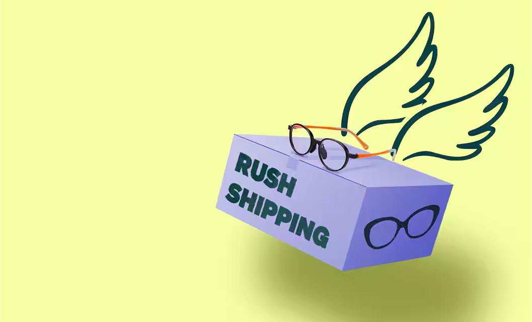 Purple package with the text 'Rush Shipping' in dark green, featuring a pair of black and orange glasses on top and black glasses icon on the side, with wing illustrations behind it on a pale yellow background