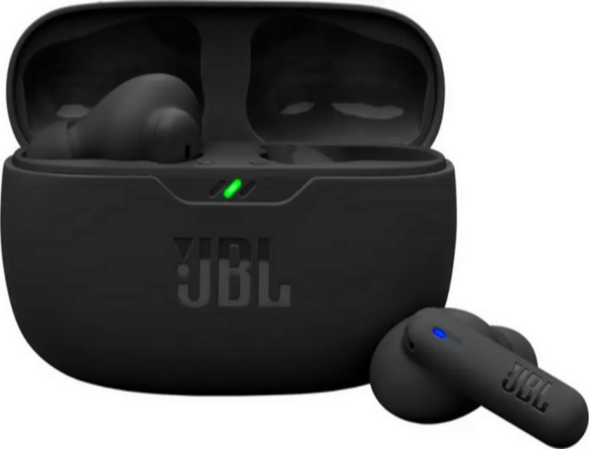 Black JBL wireless earbuds with one earbud inside an open charging case and the other resting outside, showing blue and green LED indicators on the earbuds and case respectively.