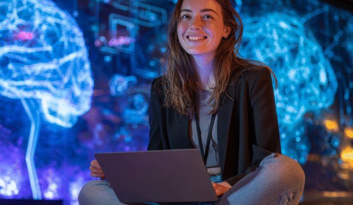 Smiling woman sitting cross-legged on the floor with a laptop in front of a digital wall displaying blue neural network graphics and data charts in a tech environment