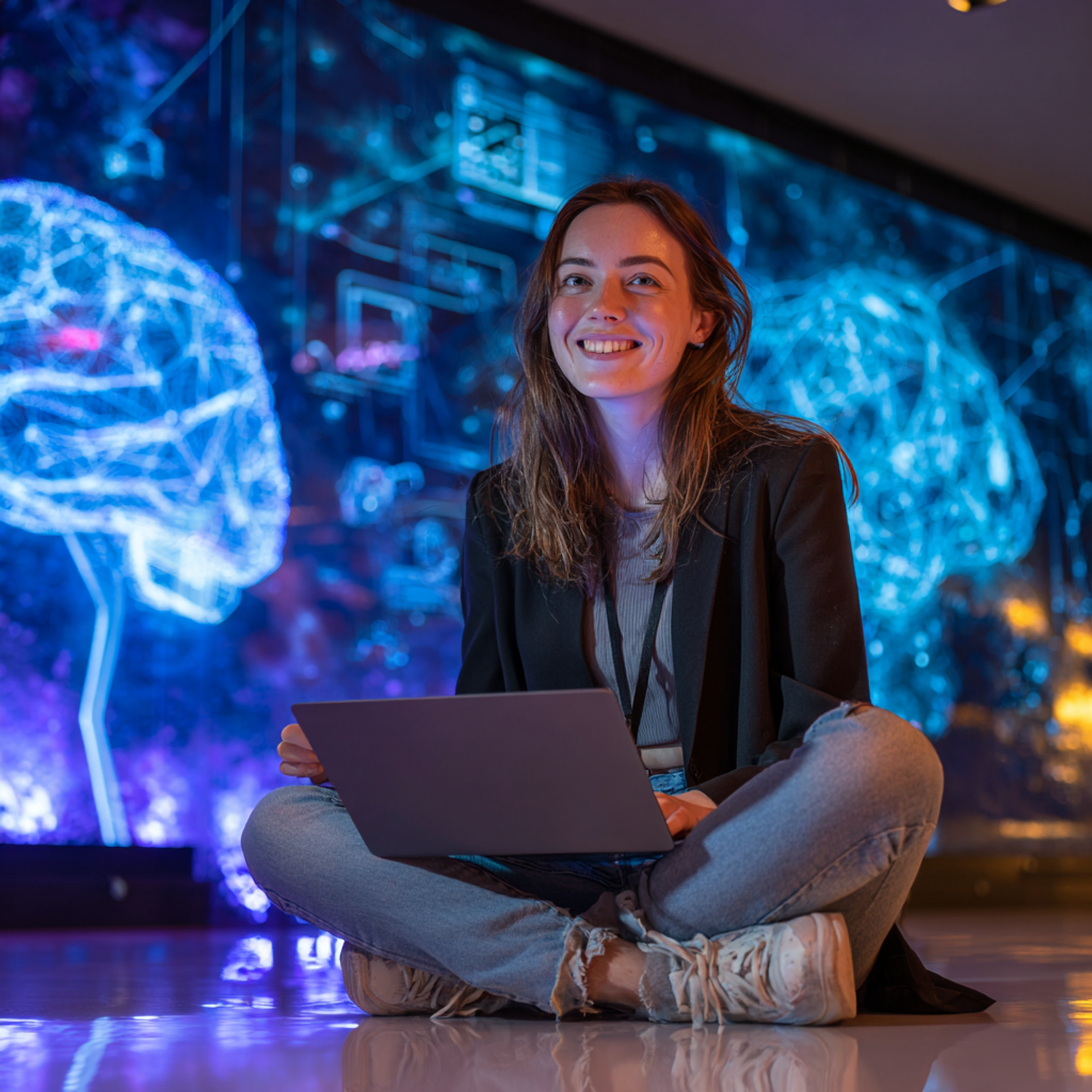 Smiling woman sitting cross-legged on the floor with a laptop in front of a digital wall displaying blue neural network graphics and data charts in a tech environment