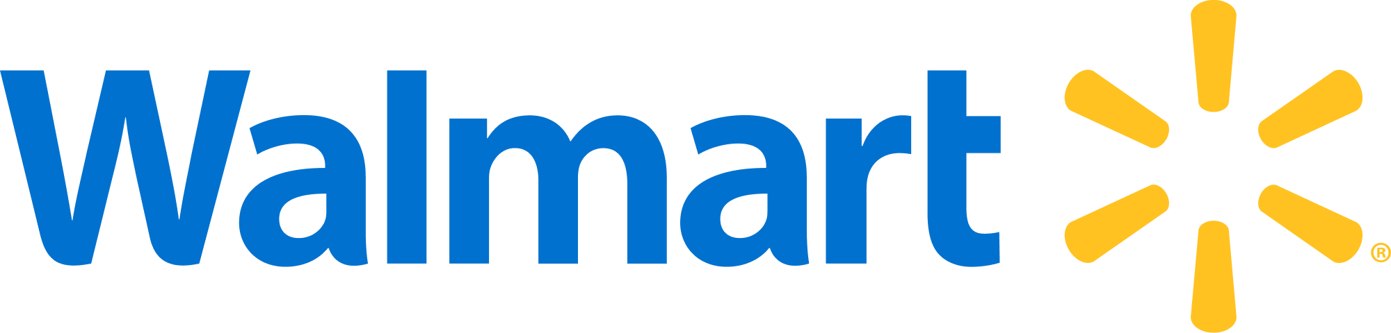 Walmart logo with the word 'Walmart' in blue font followed by a six-ray yellow spark symbol