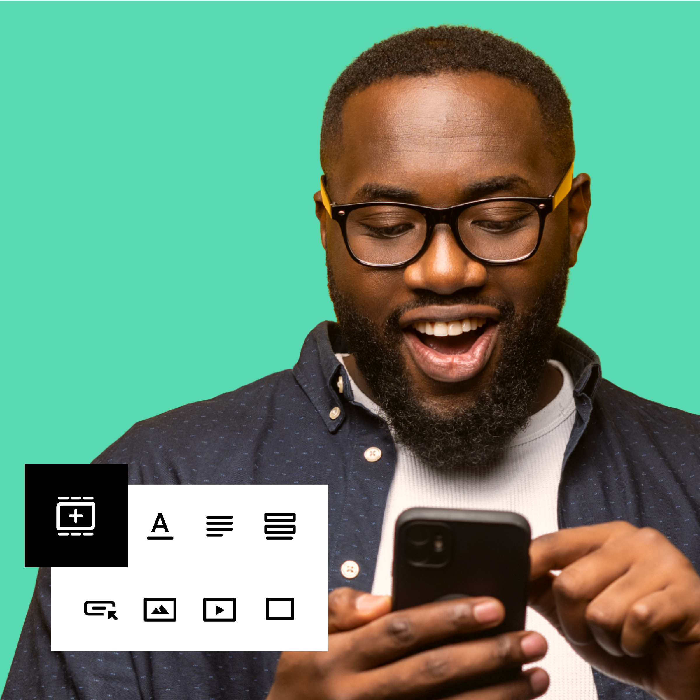 Happy bearded man wearing glasses and a dark shirt looking at his smartphone against a green background with digital editing icons overlay