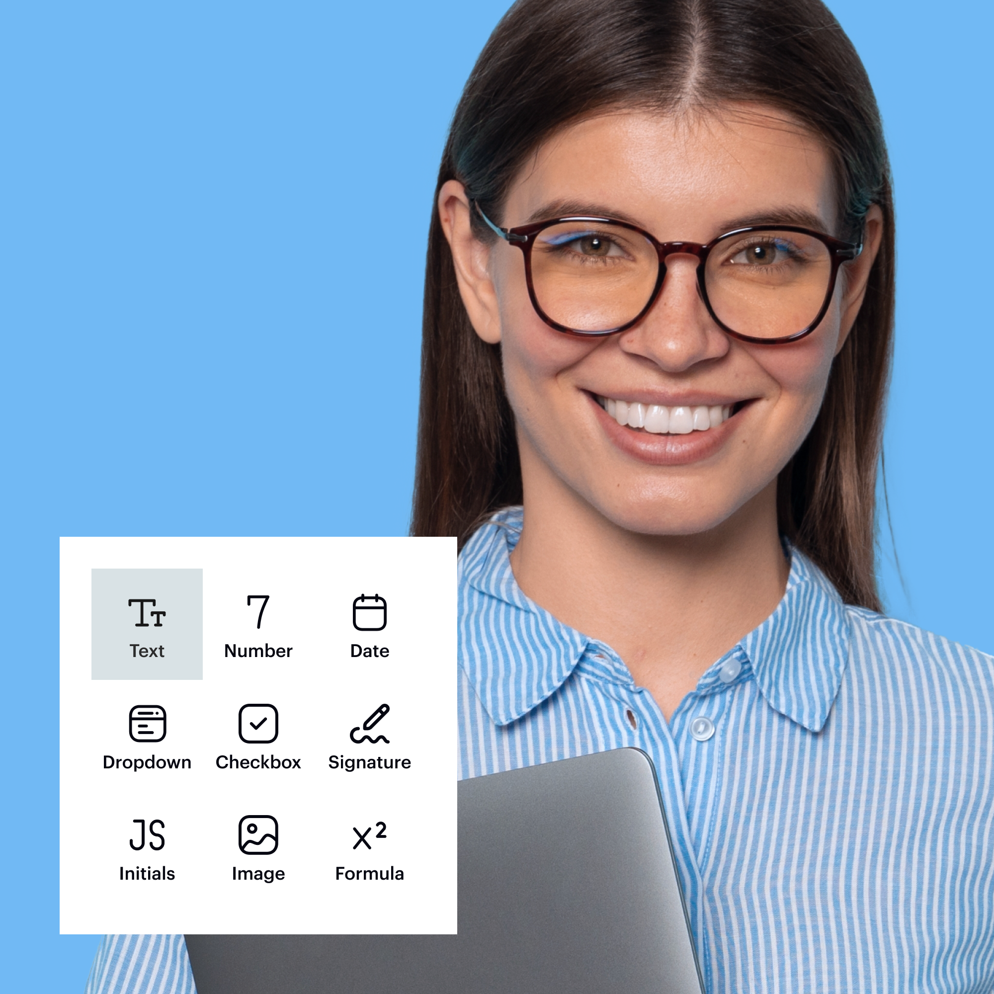 Smiling woman with brown hair and glasses wearing a blue and white striped shirt, holding a laptop against a blue background, with an overlay showing icons and labels for Text, Number, Date, Dropdown, Checkbox, Signature, Initials, Image, and Formula options.
