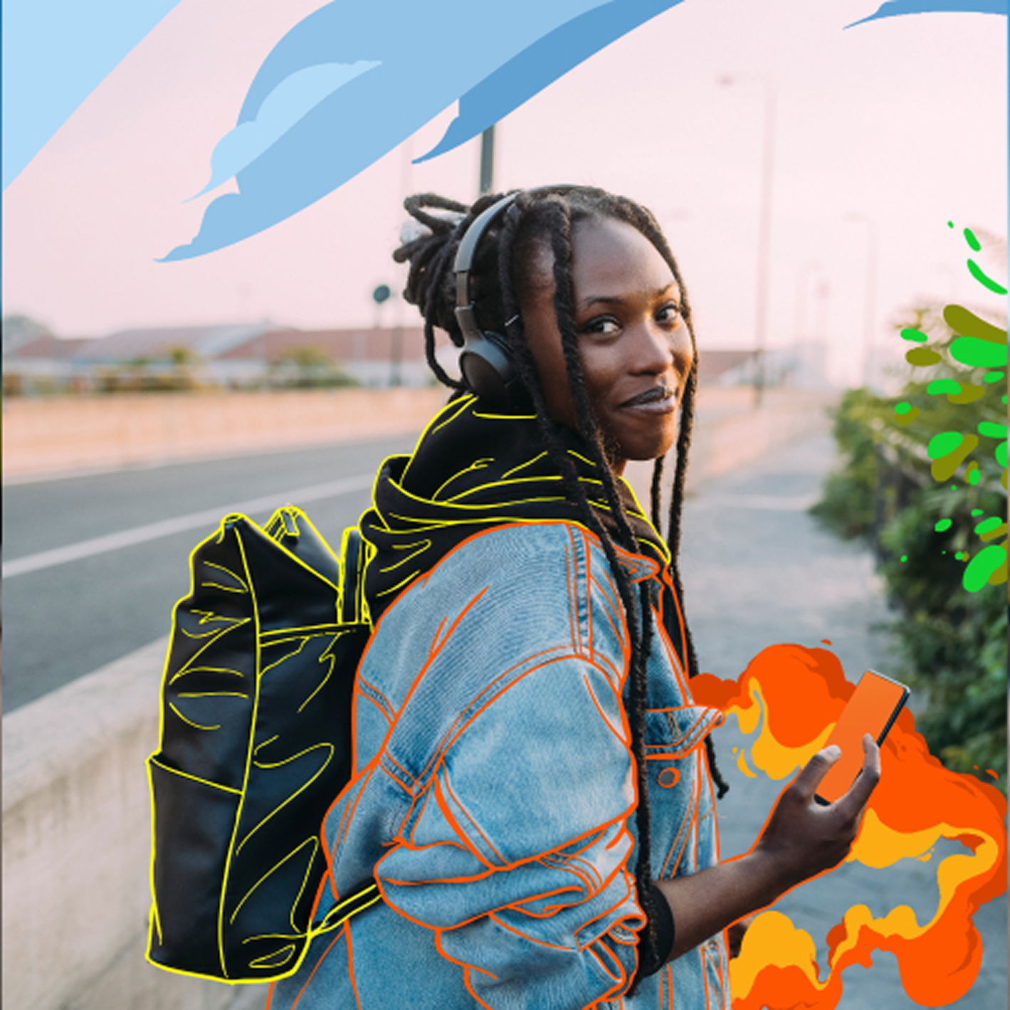 Young person with dreadlocks wearing headphones and a denim jacket outlined with bright colors, carrying a black backpack also outlined, holding a smartphone with fiery orange-red digital effects, standing on a sidewalk next to a road at sunset.