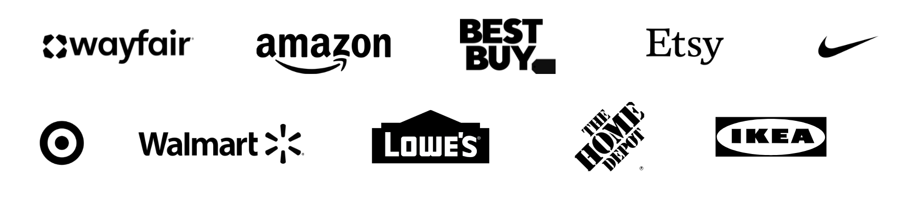 Grid of 11 black and white logos of well-known retail and e-commerce brands including Wayfair, Amazon, Best Buy, Etsy, Nike, Target, Walmart, Lowe's, Home Depot, and IKEA arranged in two rows on a white background.