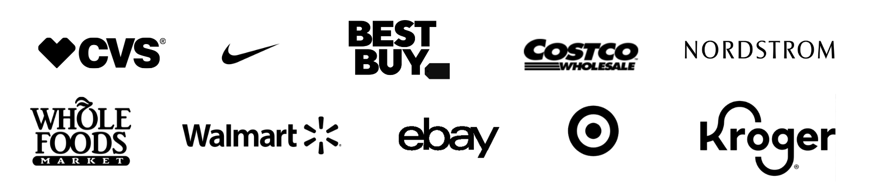 Twelve black and white logos of well-known retail companies arranged in two rows: CVS, Nike, Best Buy, Costco Wholesale, Nordstrom in the top row; Whole Foods Market, Walmart, eBay, Target, and Kroger in the bottom row.