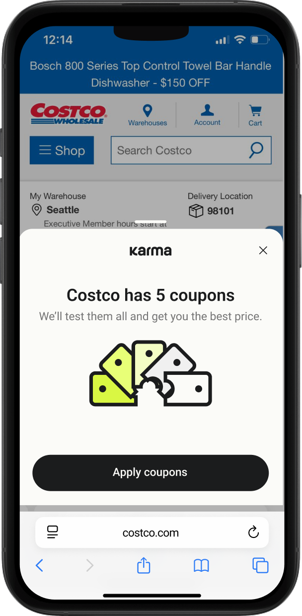 iPhone screen showing a Costco website page with a pop-up from Karma stating Costco has 5 coupons and offering to apply them for the best price, with a button to apply coupons