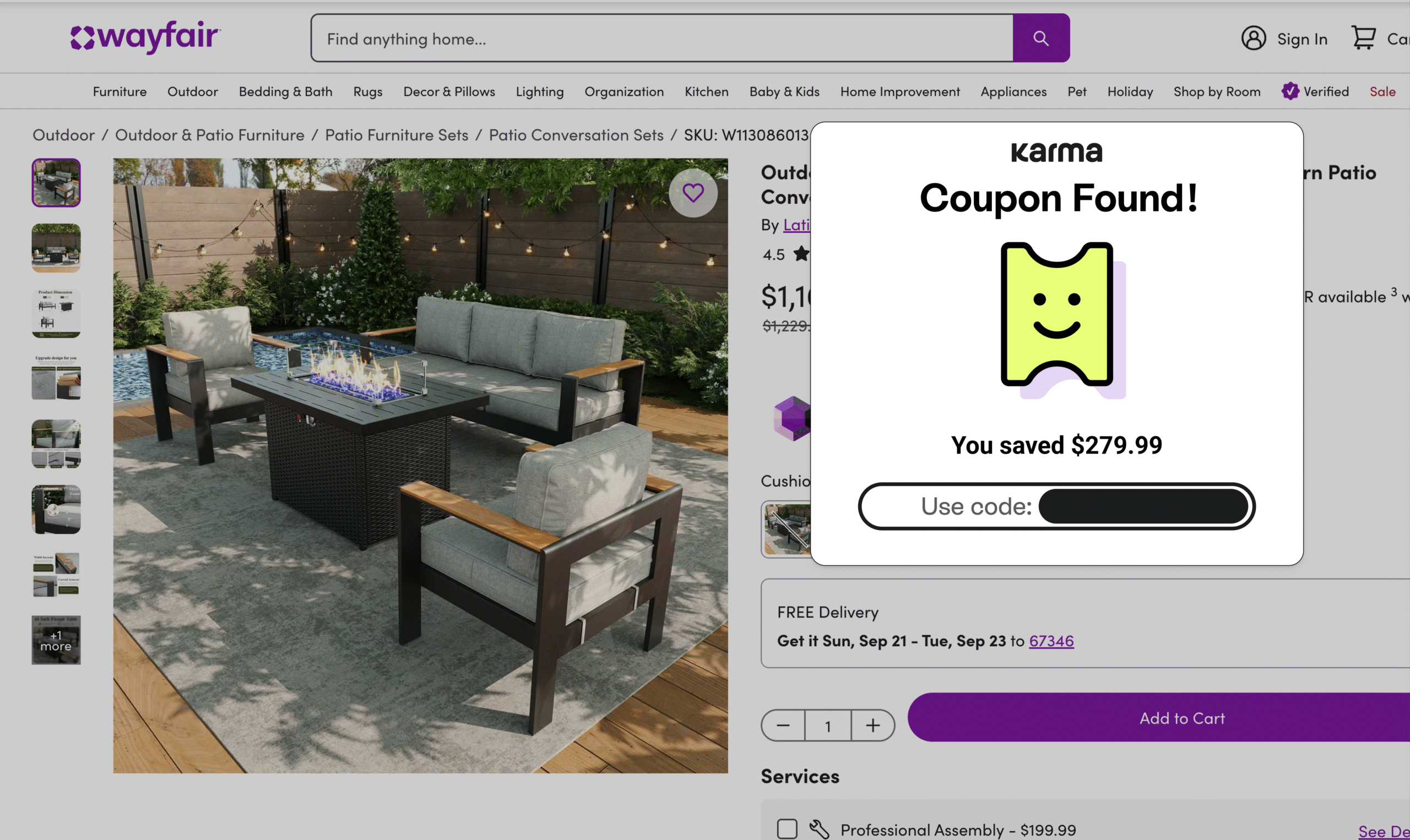 Outdoor patio conversation set with a modern design featuring a gray cushioned sofa, two armchairs with wooden armrests, and a rectangular fire pit table on a light gray outdoor rug, surrounded by wooden decking and greenery, with a coupon overlay indicating a $279.99 saving.