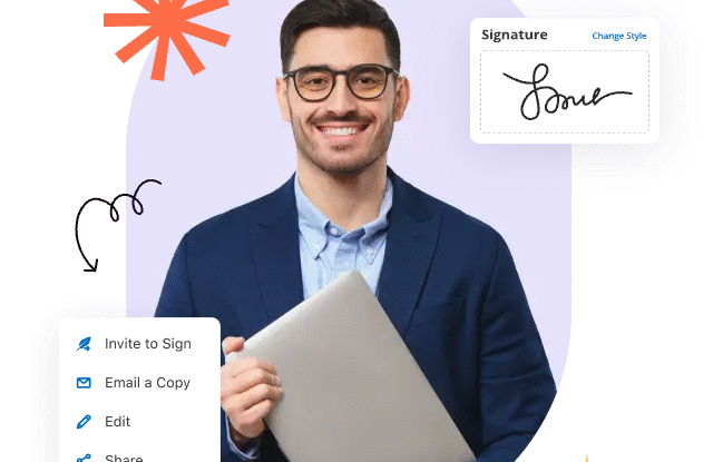 Smiling man with glasses in a blue suit holding a closed laptop, with digital icons for signature and options like Invite to Sign, Email a Copy, Edit, and Share around him