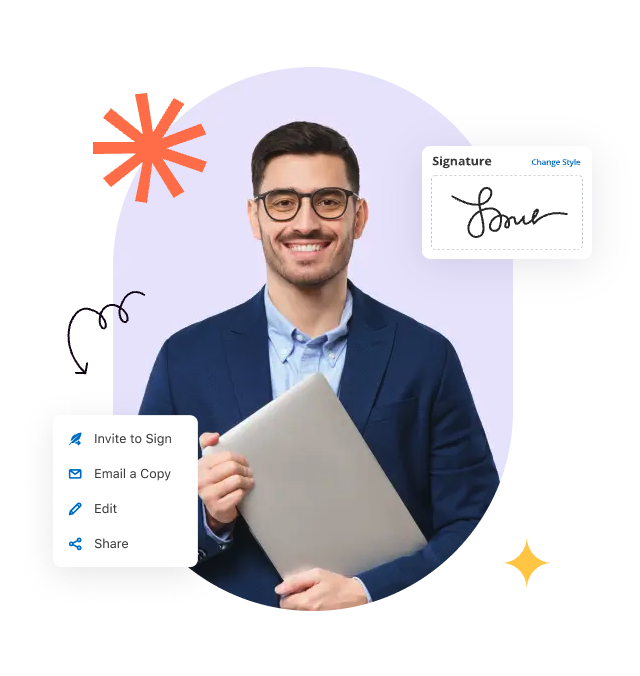 Smiling man with glasses in a blue suit holding a closed laptop, with digital icons for signature and options like Invite to Sign, Email a Copy, Edit, and Share around him