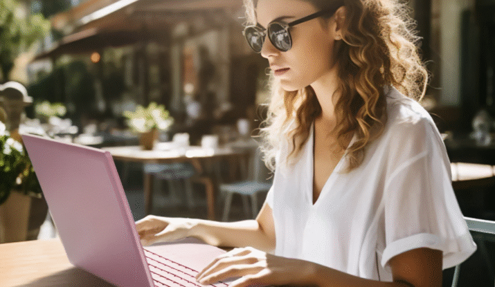 A woman with curly hair wearing sunglasses and a white blouse sits at an outdoor café table working on a pink laptop under sunlight.