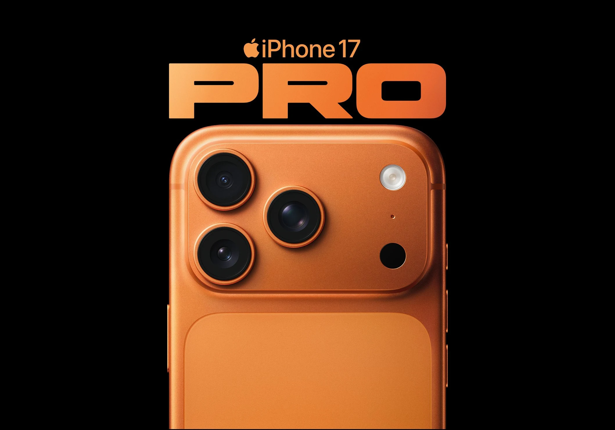 Close-up view of an orange iPhone 17 Pro focusing on its triple rear camera system against a black background with the text 'iPhone 17 PRO' above it.