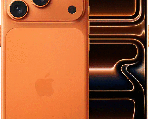 Orange smartphone showing both front and back views, with triple camera lenses and an Apple logo on the back and a dark screen on the front.