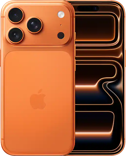 Orange smartphone showing both front and back views, with triple camera lenses and an Apple logo on the back and a dark screen on the front.