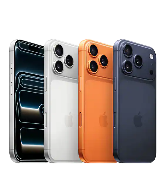Four smartphones in a row showing the side view and back, with colors white, orange, dark blue, and the first phone showing the screen with a black background and blue light pattern, all featuring triple rear cameras and flat edges.