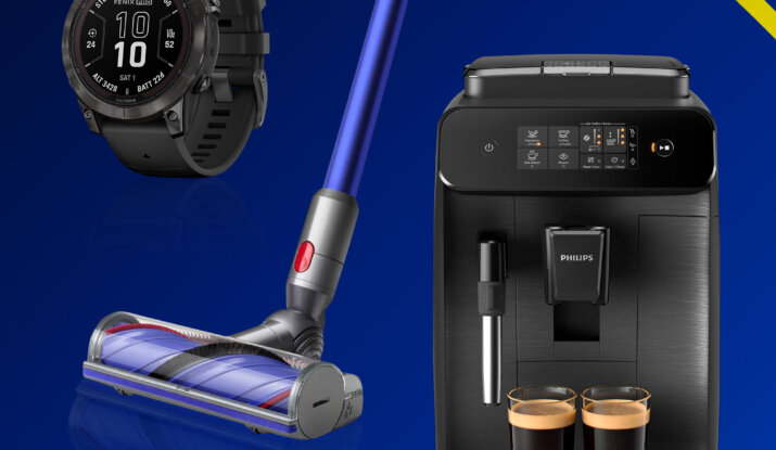 A digital sports watch with a black strap, a cordless vacuum cleaner with a blue handle and roller brush, and a black Philips coffee machine with two glasses of espresso on the drip tray, all set against a dark blue background with yellow diagonal accents.