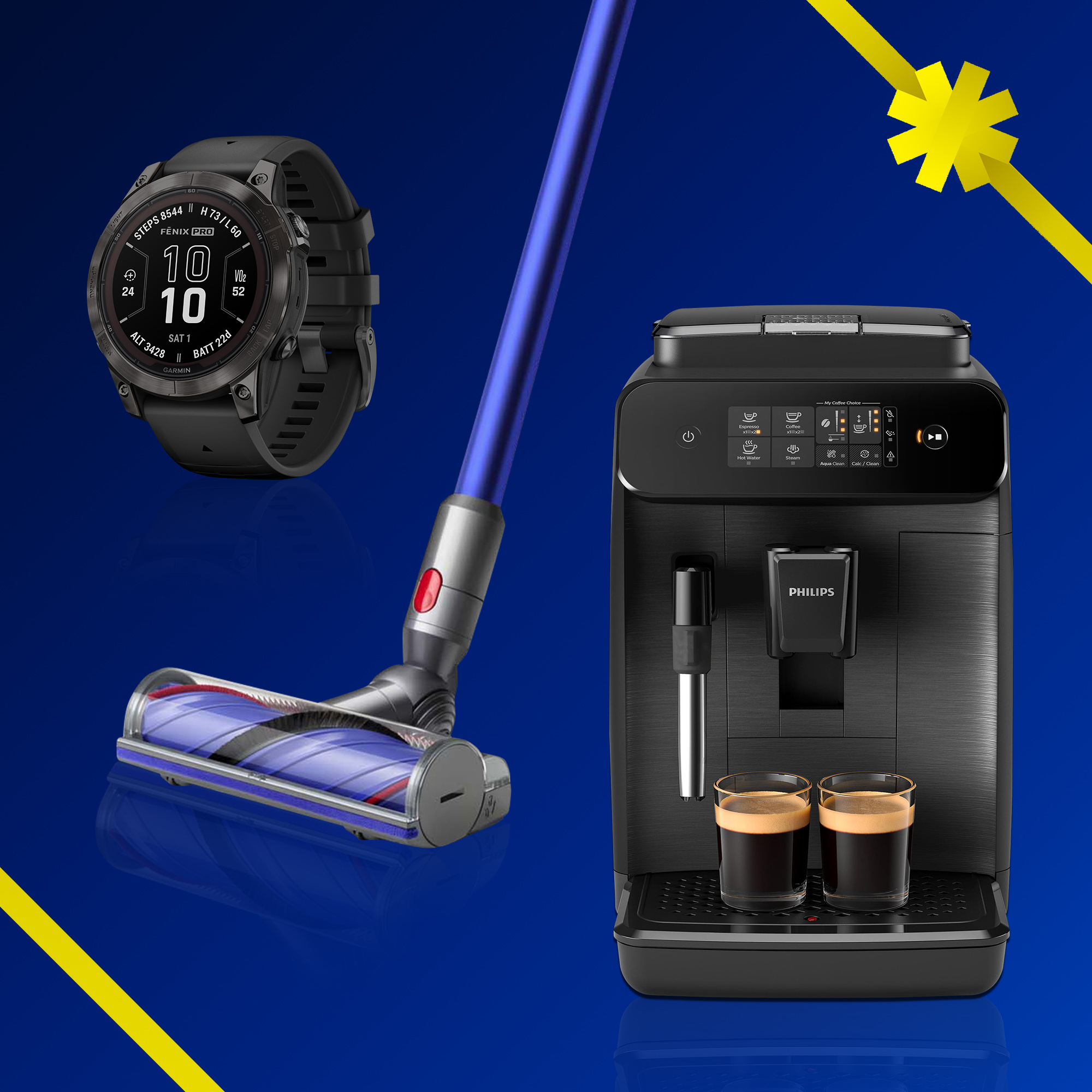 A digital sports watch with a black strap, a cordless vacuum cleaner with a blue handle and roller brush, and a black Philips coffee machine with two glasses of espresso on the drip tray, all set against a dark blue background with yellow diagonal accents.
