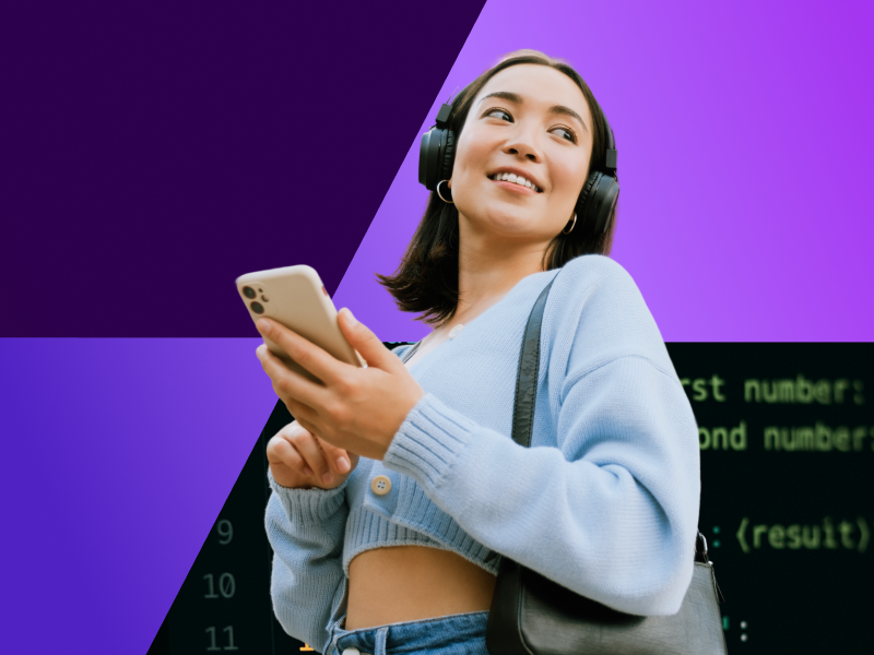 Young woman wearing black headphones and a light blue cropped sweater holding a smartphone, with a digital background featuring purple geometric shapes and partially visible code.