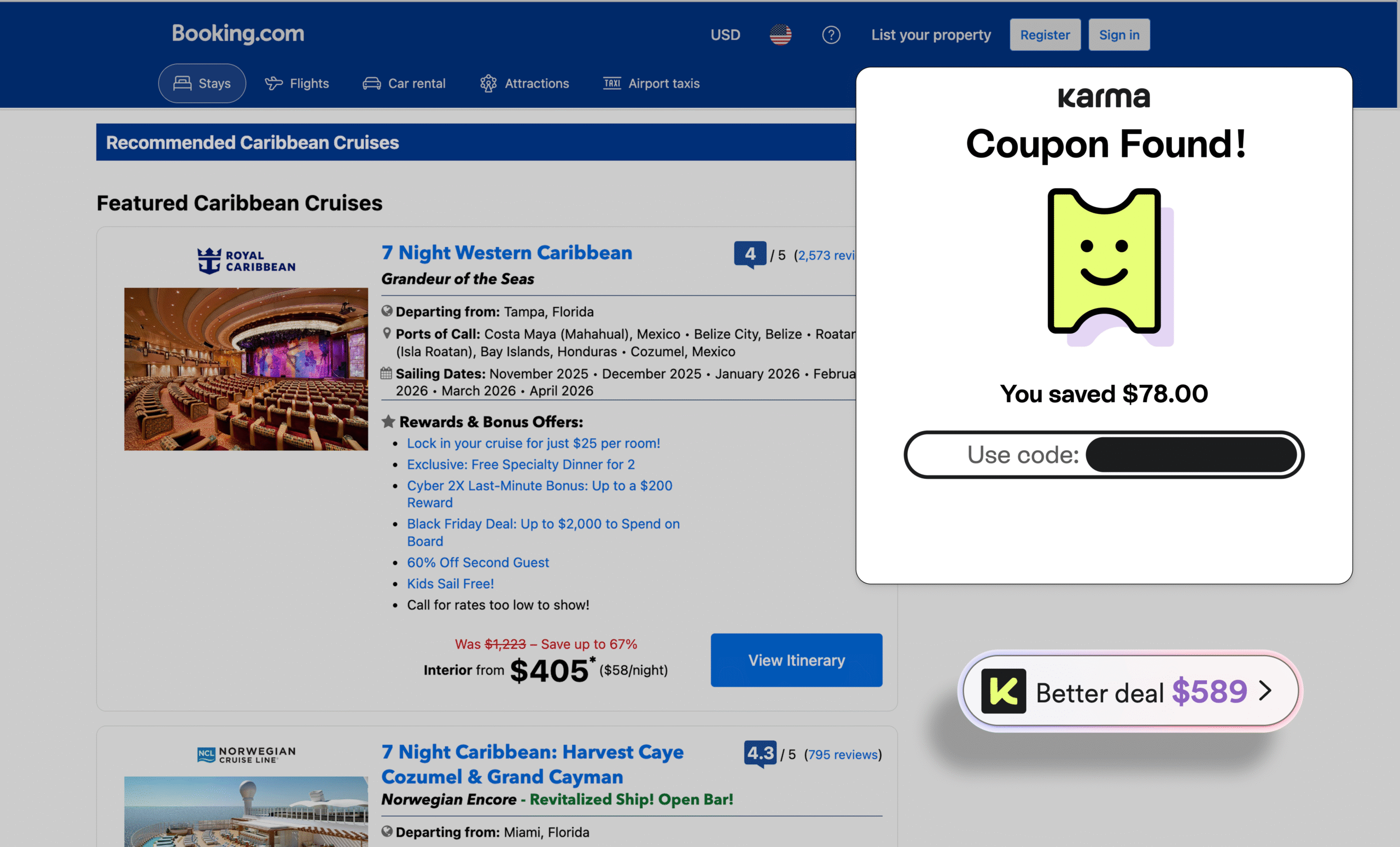 Booking.com webpage showing recommended Caribbean cruises with details about a 7-night Western Caribbean cruise by Royal Caribbean and a 7-night Caribbean cruise by Norwegian Cruise Line, alongside a pop-up from Karma indicating a coupon was found with a $78.00 saving and a better deal price of $589.