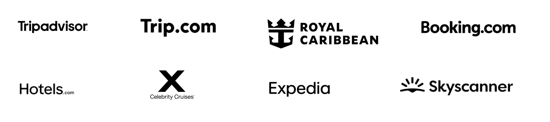 Logos of travel and booking companies arranged in two rows: TripAdvisor, Trip.com, Royal Caribbean with a crowned anchor symbol, Booking.com in the top row; Hotels.com, Celebrity Cruises with a large stylized X, Expedia, and Skyscanner with a sun and horizon symbol in the bottom row.