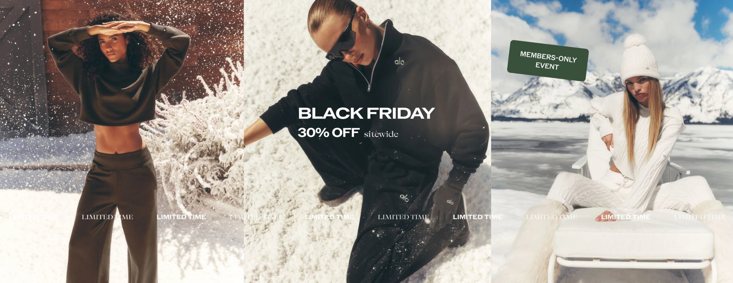 Three women modeling winter clothing in snowy outdoor settings, with the middle image featuring a Black Friday sale promotion offering 30% off sitewide and the right image indicating a members-only event.