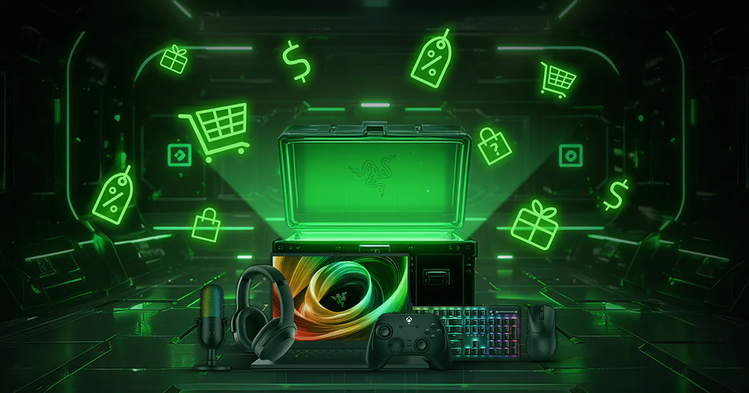 A futuristic dark room illuminated with green neon light showing a gaming laptop, headset, microphone, gaming controller, RGB keyboard, and mouse in front of an open trunk glowing green with the Razer logo, surrounded by icons of shopping carts, price tags, gift boxes, and dollar signs.