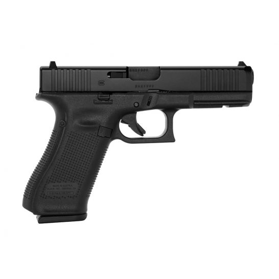Black semi-automatic handgun with textured grip on a white background, side view.