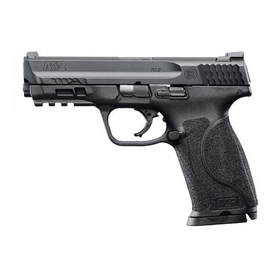 Black Smith & Wesson M&P M2.0 semi-automatic handgun with textured grip and slide markings, shown from the left side on a white background