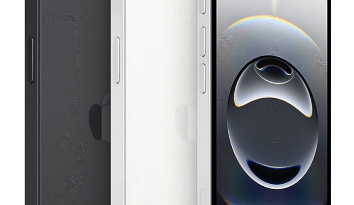 Three Apple iPhones shown side by side, displaying the back of a black and a white iPhone and the front of a silver iPhone with a colorful abstract wallpaper on the screen.
