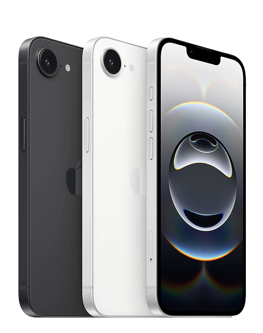 Three Apple iPhones shown side by side, displaying the back of a black and a white iPhone and the front of a silver iPhone with a colorful abstract wallpaper on the screen.