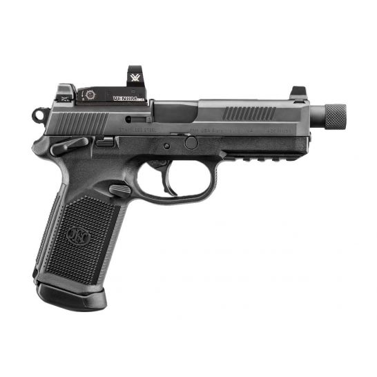 Black semi-automatic pistol with textured grip and barrel-mounted red dot sight on a white background.