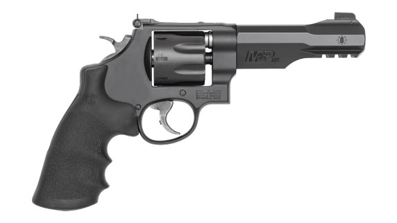 Side view of a black Smith & Wesson M&P revolver with a textured grip and a medium-length barrel against a white background