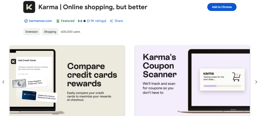 Karma extension Karma extension features credit card rewards and coupon scanner