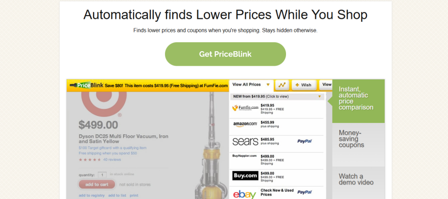 PriceBlink PriceBlink browser add-on showing vacuum price comparisons