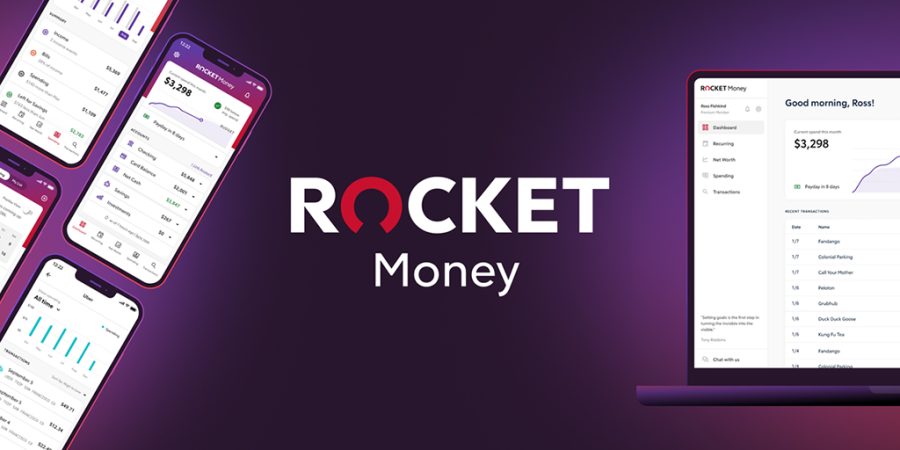 Rocket -Money- Review Rocket Money app interfaces on smartphone and laptop screens with logo