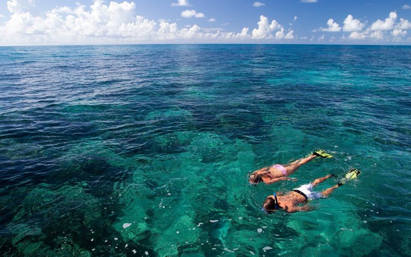 Two snorkelers exploring clear turquoise ocean water