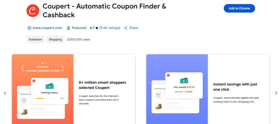 coupert Coupert extension details with coupon saving features